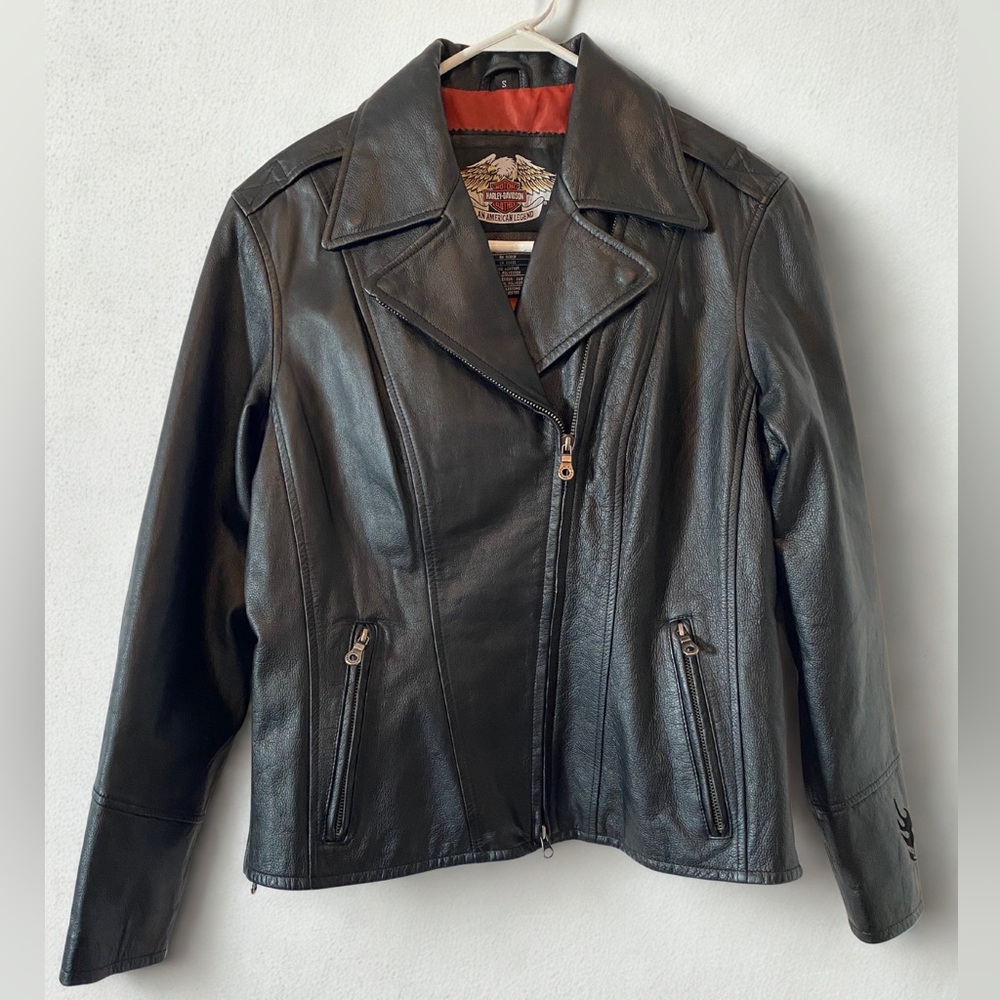 Harley Davidson Womens Studded Leather Flames Jacket Black Size Small